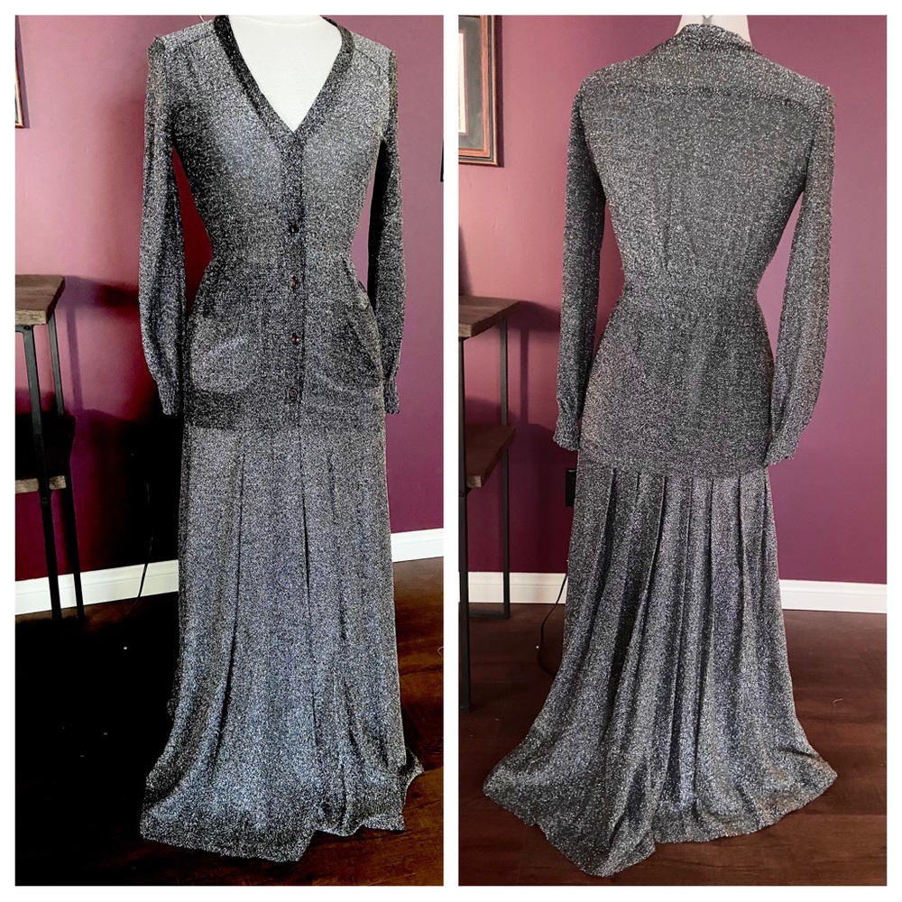 Juliet Dunn Two-Piece Silver Lurex Evening Top & Maxi Skirt Fits Sz 4-6